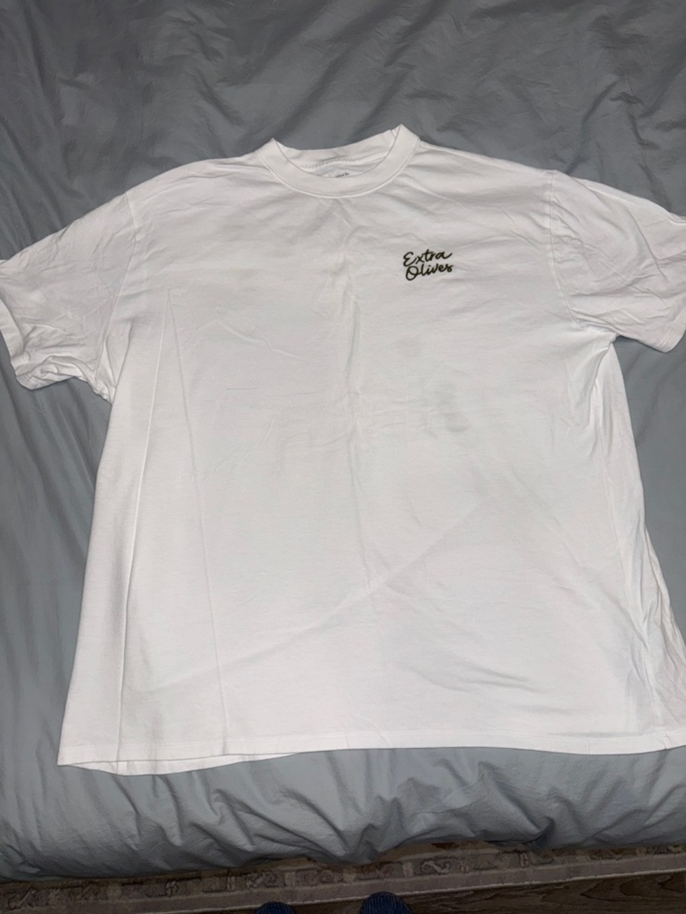 Abercrombie & Fitch White Crewneck Tee with 'Extra Olives' Logo